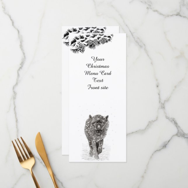 Angry Black Wolf in the Snow , wild Winter Menu (Front/Back In Situ)