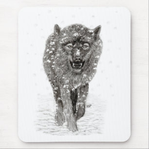 Angry Black Wolf in the Snow , wild Winter Mouse Pad