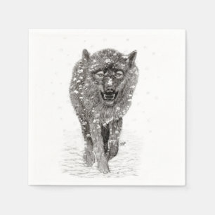 Angry Black Wolf in the Snow , wild Winter Napkin