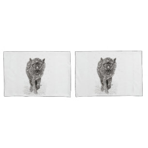 Angry Black Wolf in the Snow , wild Winter Pillowcase