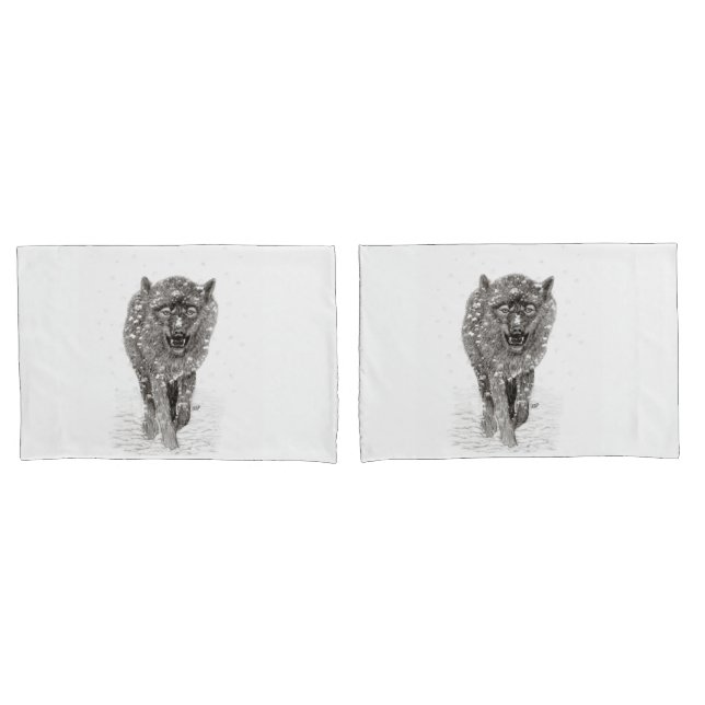 Angry Black Wolf in the Snow , wild Winter Pillowcase (Front-Set)