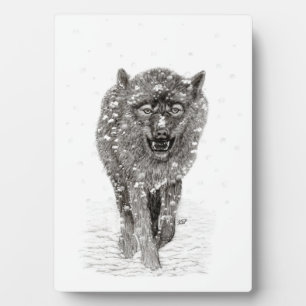 Angry Black Wolf in the Snow , wild Winter Plaque