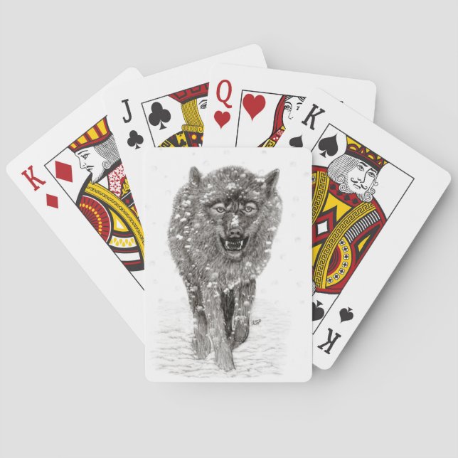 Angry Black Wolf in the Snow , wild Winter Playing Cards (Back)