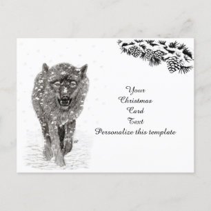 Angry Black Wolf in the Snow , wild Winter Postcard