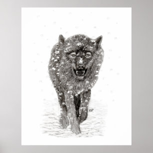 Angry Black Wolf in the Snow , wild Winter Poster