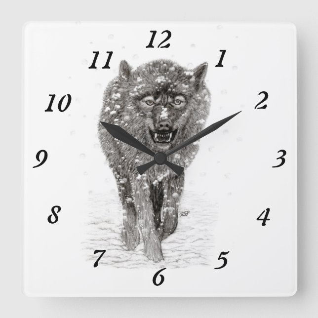 Angry Black Wolf in the Snow , wild Winter Square Wall Clock (Front)