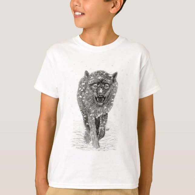 Angry Black Wolf in the Snow , wild Winter T-Shirt (Front)