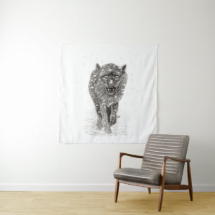 Angry Black Wolf in the Snow , wild Winter Tapestry