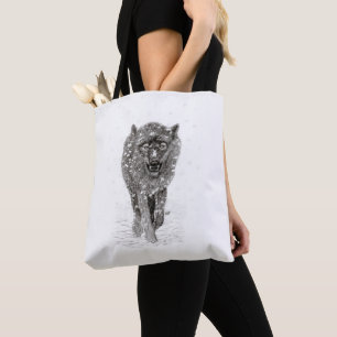 Angry Black Wolf in the Snow , wild Winter Tote Bag