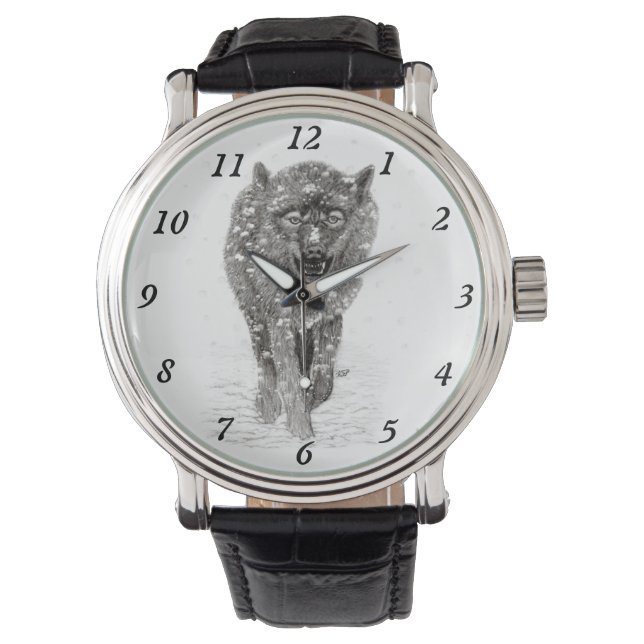 Angry Black Wolf in the Snow , wild Winter Watch (Front)