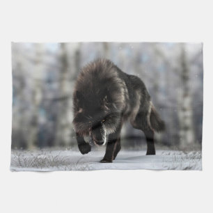 Angry black wolf tea towel