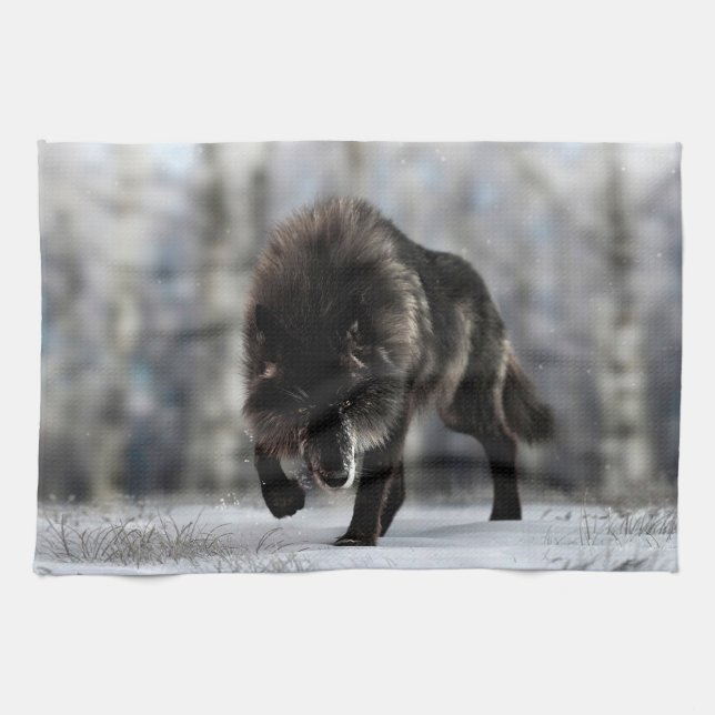 Angry black wolf tea towel (Horizontal)