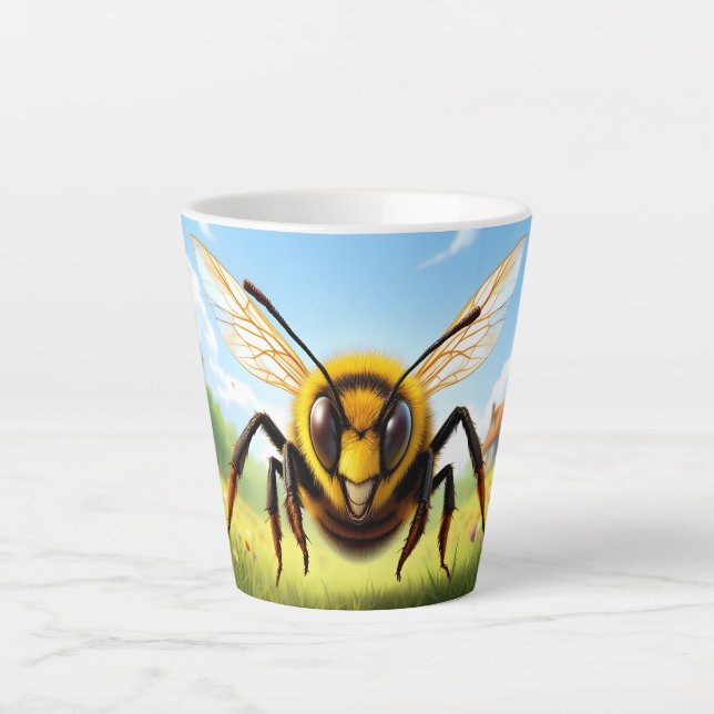 Angry Cartoon Bee in Spring Meadow Latte Mug (Front)
