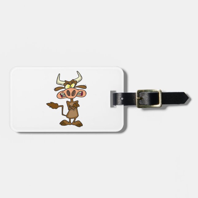 Angry Cartoon Bull Funny Grumpy Luggage Tag (Front Horizontal)