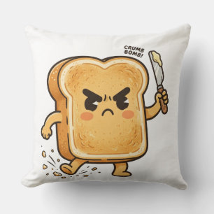 Angry cartoon toast character holding a butter kni cushion