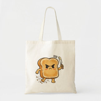 Angry cartoon toast character holding a butter kni tote bag