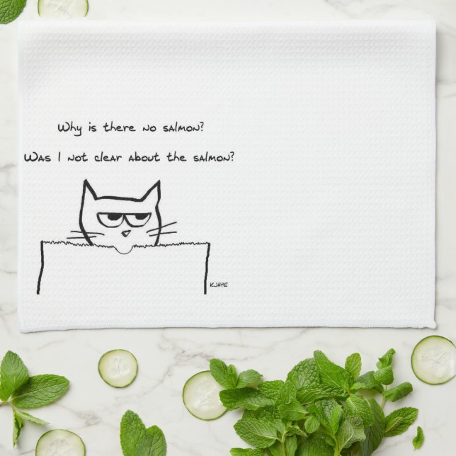 Angry Cat Demands Salmon - Funny Kitchen Towel (Folded)