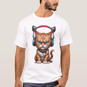 angry cat with headphones cute funny angry cat T-Shirt