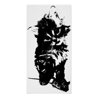 Angry Cat with Mouse Art Print | Minimalist Black 