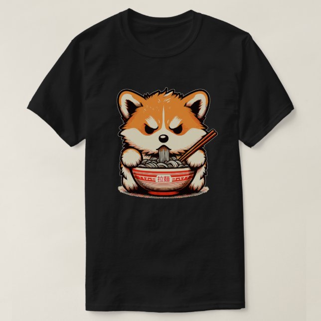 Angry corgi eat noodle ramen T-Shirt (Design Front)