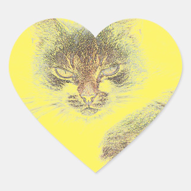 Angry Cute Cate Face Sketch Heart Sticker (Front)