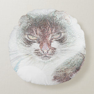 Angry Cute Cate Face Sketch Round Cushion