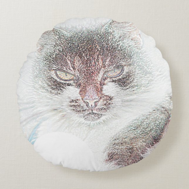 Angry Cute Cate Face Sketch Round Cushion (Front)