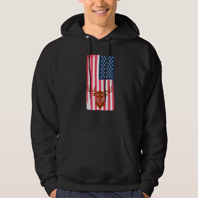 Angry Deer Duck Hunting Vintage American Flag Hoodie (Front)