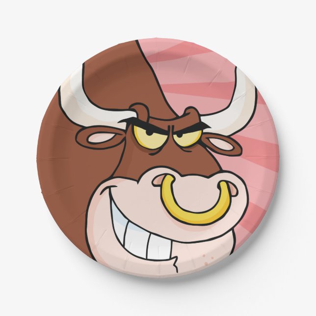 Angry Fierce Bull Mascot with Nose Ring  Paper Plate (Front)