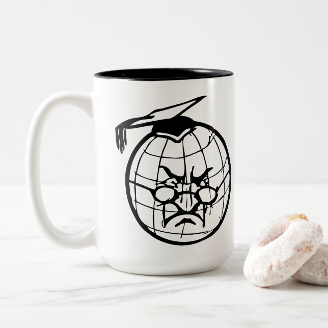 Angry Globe Wearing Mortarboard Funny Educator   Two-Tone Coffee Mug (With Donut)