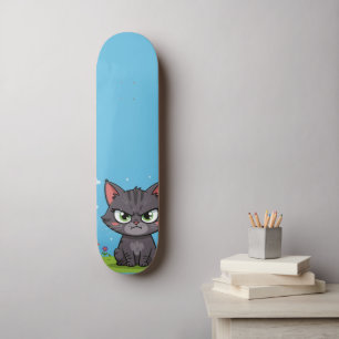 Angry gray little cat skateboard