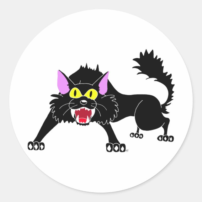 Angry Hissing Black Cat Cartoon Classic Round Sticker (Front)