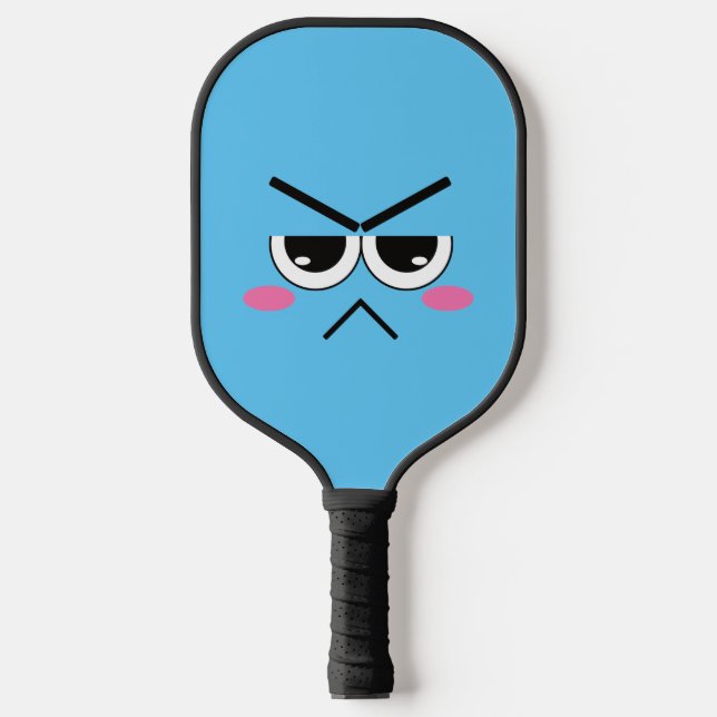 Angry Kawaii Face On Blue Pickleball Paddle (Front)