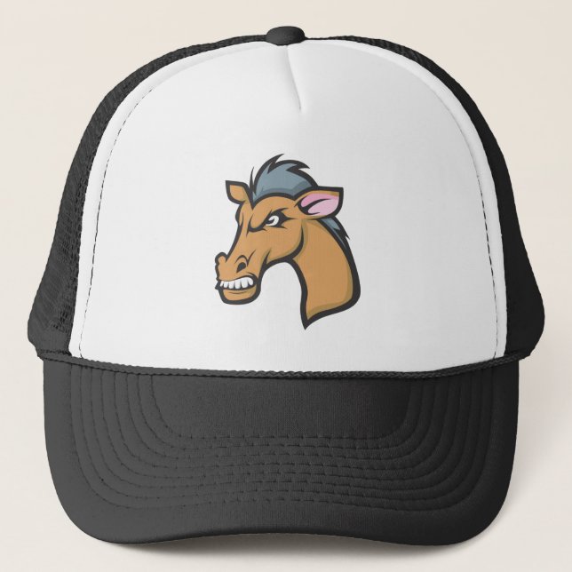 Angry Mad Wild Brown Horse Cartoon Trucker Hat (Front)