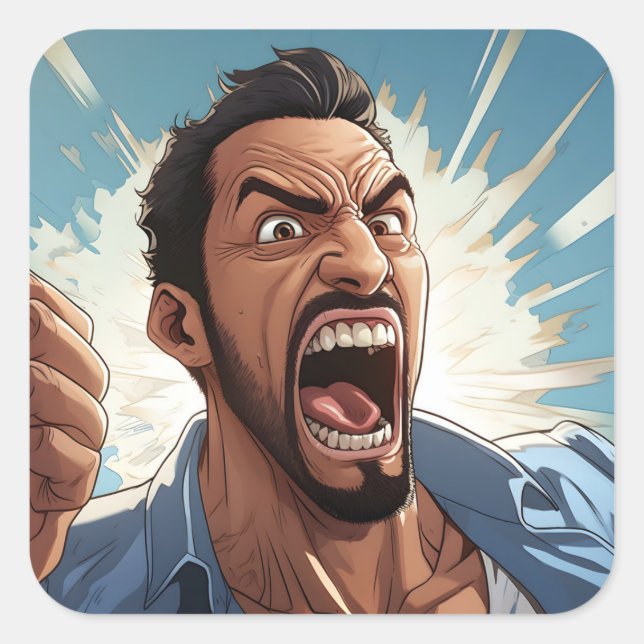 Angry Man Shaking Fist Cartoon Square Sticker (Front)