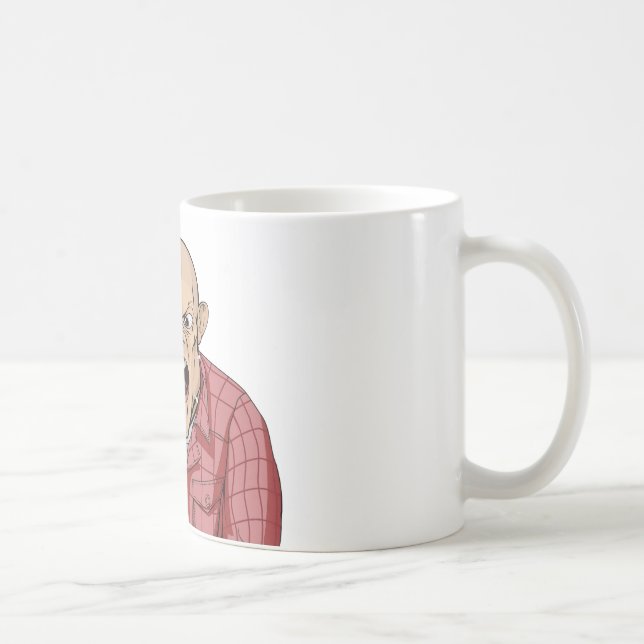 Angry man with shaved head shouting and pointing coffee mug (Right)