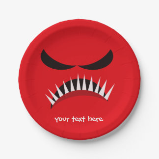 Angry Monster With Evil Eyes and Sharp Teeth Red Paper Plate
