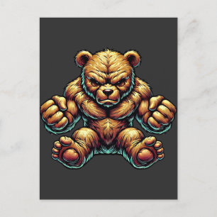 Angry Muscular Teddy bear colour illustration art Postcard
