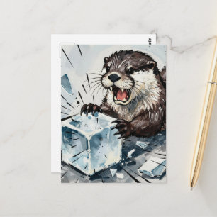 Angry otter breaking an ice block  postcard