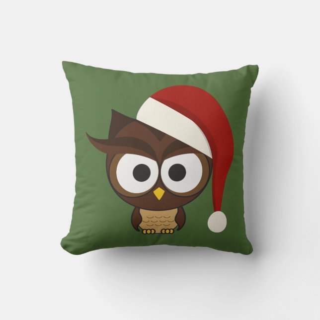 Angry Owl wearing Santa Hat Cushion (Front)