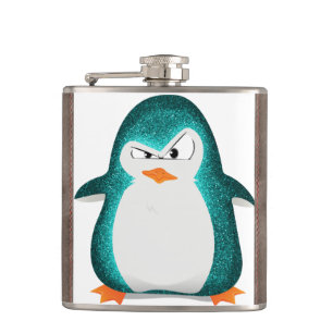Angry Penguin Teal Glitter Photo Print Hip Flask