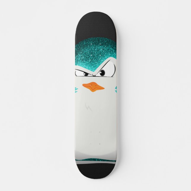Angry Penguin Teal Glitter Photo Print Skateboard (Front)