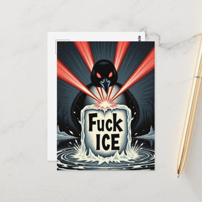 Angry red laser eyes MN Loon melting ice Postcard (Front/Back In Situ)