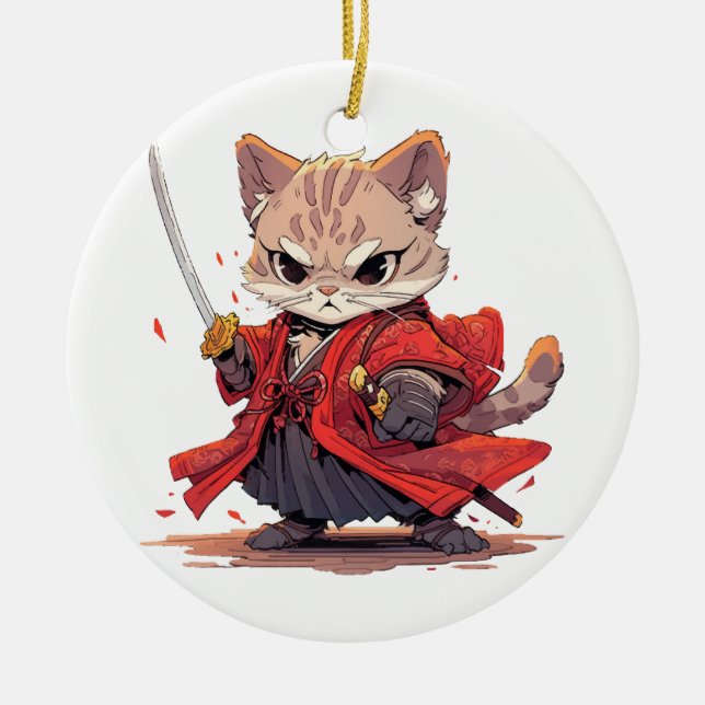 Angry Samurai style Cat Hero Ceramic Ornament (Front)