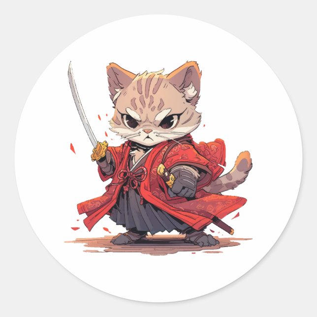 Angry Samurai style Cat Hero Classic Round Sticker (Front)