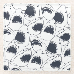 Angry shark, vintage doodle pattern. glass coaster
