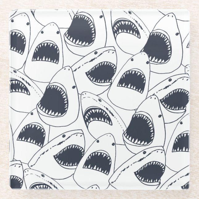 Angry shark, vintage doodle pattern. glass coaster (Front)