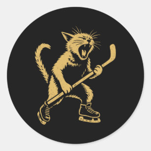 Angry Skating Cat Playing Ice Hockey Graphic  Classic Round Sticker