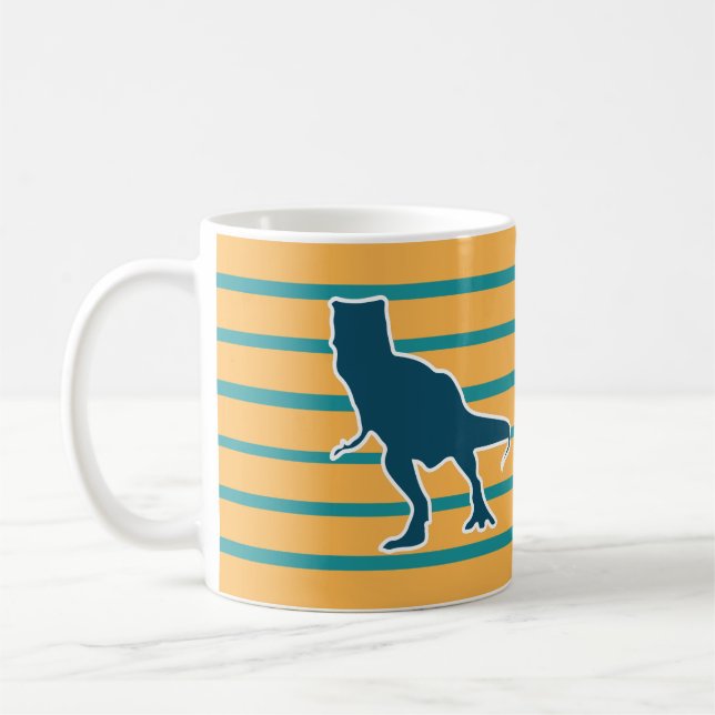 Angry T-rex dinosaur yellow and blue Coffee Mug (Left)