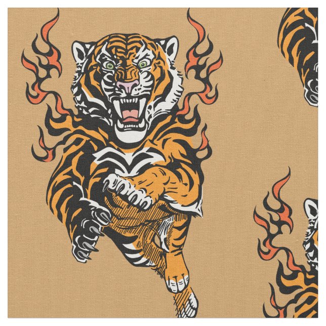 Angry tiger in tongues of flame fabric (Close Up)
